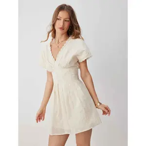 Cider Cotton V-neck Batwing Sleeve Eyelet Flared Mini Dress