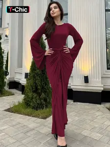 Women's Solid Ruched Twisted Lace-up Flounce Long Sleeve Bodycon Nfinity Dress, Chic, Elegant, Plain Knotted Plicated Tie-back Maxi Long Dress, Ladies Spring Fall Winter Party Club Dating Evening Gown Formal Dress, Daily Casual Dresses, Womenswear