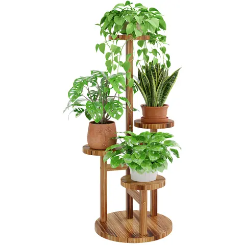 Bamworld 4-Tier Compact Corner Elevated Planter Stand, Round Brown Natural Wood Home Organizer Rack with Pot Lineup & Plant Space, Charming Indoor Display for Living Room & Patio