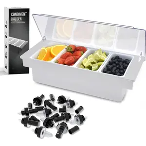 Bar Products Condiment Holder for Serving Container Chilled Garnish Tray with Lid for Bar , 4-1 Pint Inserts, with Added 12  Bottle Pourers, and 12 Pourer Covers - Gray