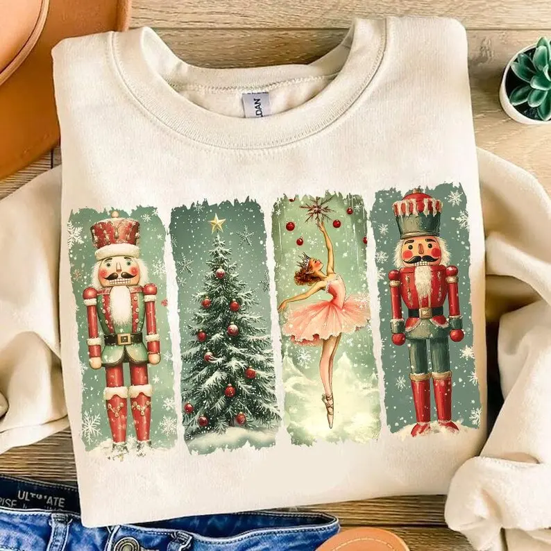 Retro Nutcracker Christmas Sweatshirt, Preppy Holiday Nutcracker Ballet Graphic Crewneck, Christmas Tree Winter Sweater, Festive Xmas Apparel, Gift