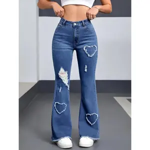 Women'SCasualHigh-WaistedFlareJeanswithHeart&TearDetail-StretchyDenim,ZipperFly,MidWaist,