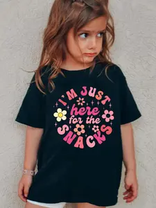 Toddler Girl's "I'M JUST HERE FOR THE SNACKS" Letter & Floral Print Round Neck, Fashion Casual Short Sleeve T-shirt for Daily Outdoor Wear, Kids Clothing for Summer, Graphic Printed Tee