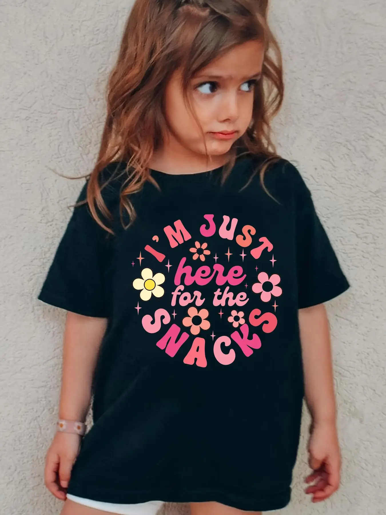 Toddler Girl's "i'm Just Here for The Snacks" Letter & Floral Print Round Neck Tee, Fashion Casual Short Sleeve T-shirt for Daily Outdoor Wear, Kids C