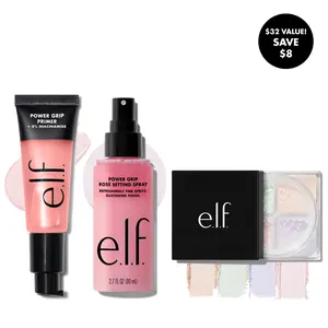 e.l.f. Prep, Set, Glow Trio - Grip Primer + Rosé Setting Spray + Brightening Powder Quad for Long-Lasting Radiance