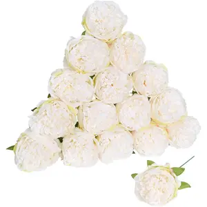 16pcs White Peony Silk Flowers - Fake Peonies with Stem, Realistic for Home Wedding Party Festival Decor (Cream White)