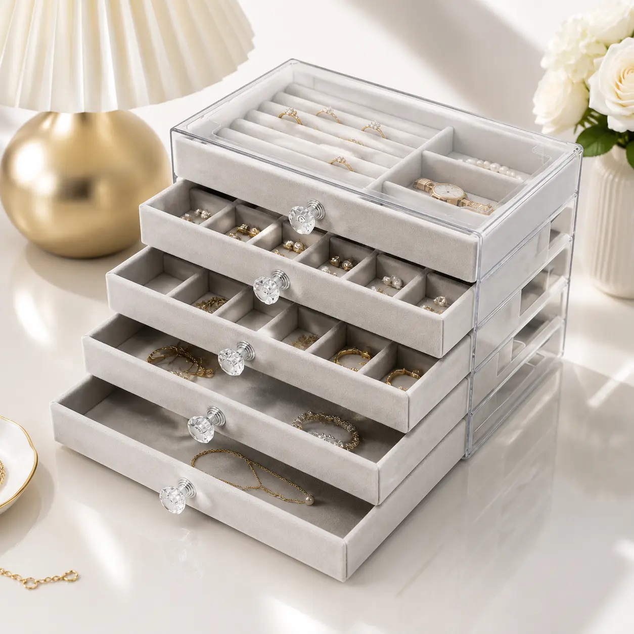 5-Layer/New Style Transparent Desktop Jewelry Box, Large Capacity Jewelry Storage Box, Stackable Drawer-Style Jewelry Organizer, Multi-Layer Compartment Watch Organizer, Bracelet And Bangle Storage Box, Ring Box, Earring Storage Box