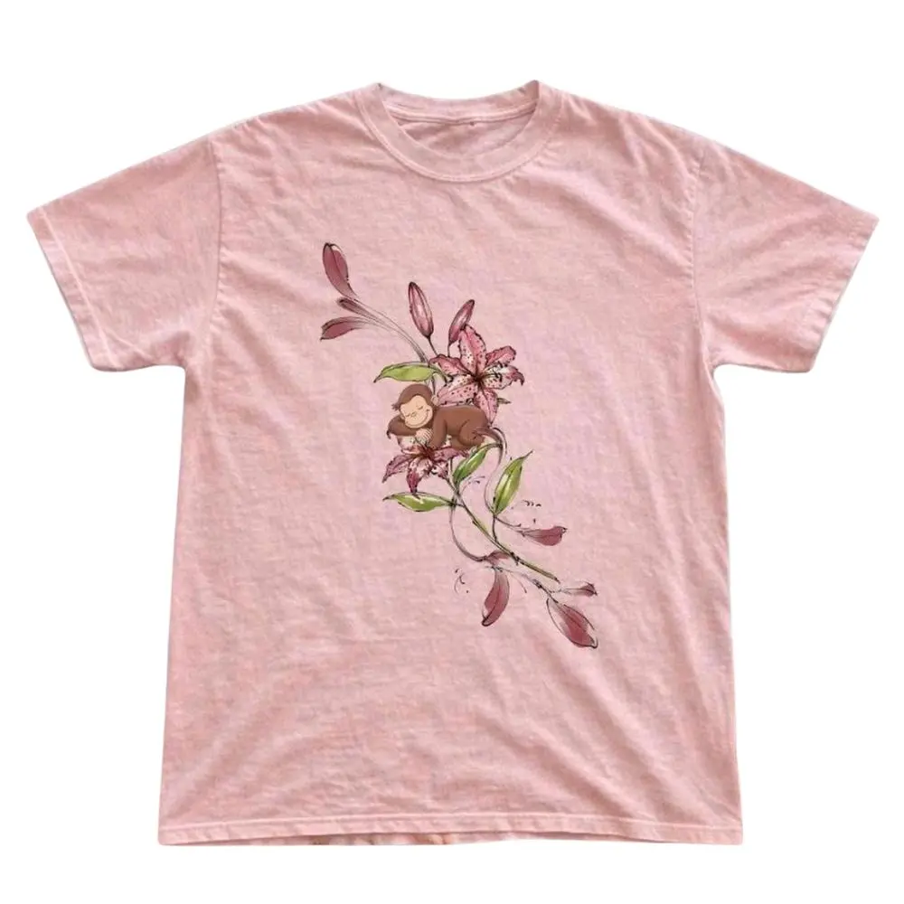 Sleeping Monkey & Lily Flower Graphic T-Shirt, Cute Botanical Animal Tee, Whimsical Nature Unisex Shirt, Animal Lover Gift