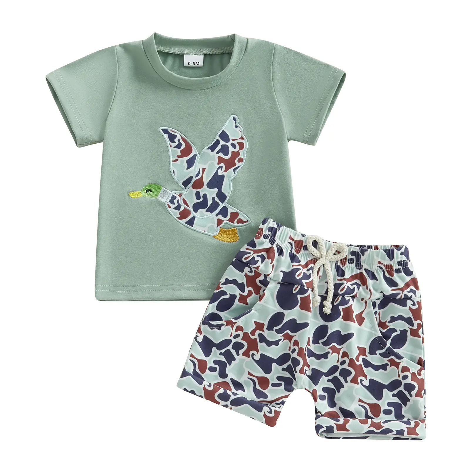 Toddler Baby Boy Hunting Clothes Mallard Duck Embroidery Short Sleeve T-Shirt Camouflage Shorts Set Summer Outfit