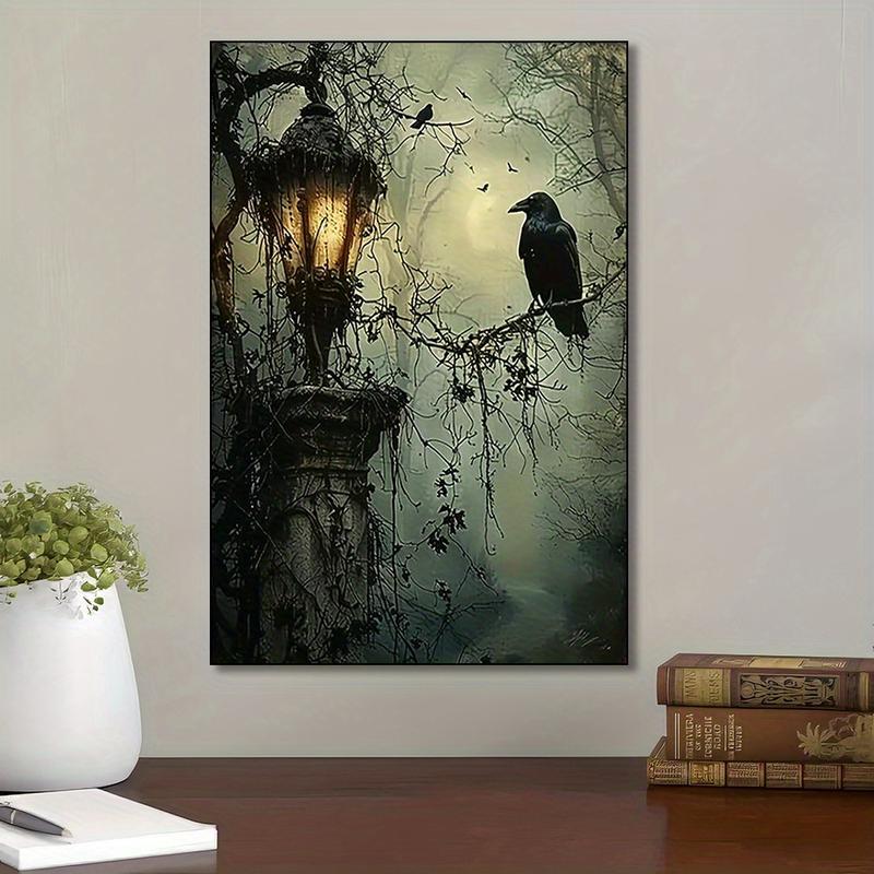 Mysterious Gothic Raven and Lantern Wall Art Canvas Print - Vivid Frameless Oil Painting Style Poster with Haunted Theme for Home, Office, Living Room, Bedroom Decor - Abstract Artwork with Rich Colors and Textured Finish
