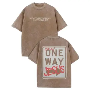 Christian-Themed T-Shirt Featuring "One Way Jesus" Graphic - Loose Fit, 230g Washed Pure Cotton Fabric. Stylish, Streetwear-Inspired, And Vintage Distressed Wash; Unisex Top. Men's Summer Top.