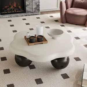 35" Cream Cloud Shaped Coffee Table, Petal-Shaped Modern Minimalist Coffee Table with Spherical Legs, Cream White Kid & Pet Friendly Space Saving Living Room Table for Small Apartment