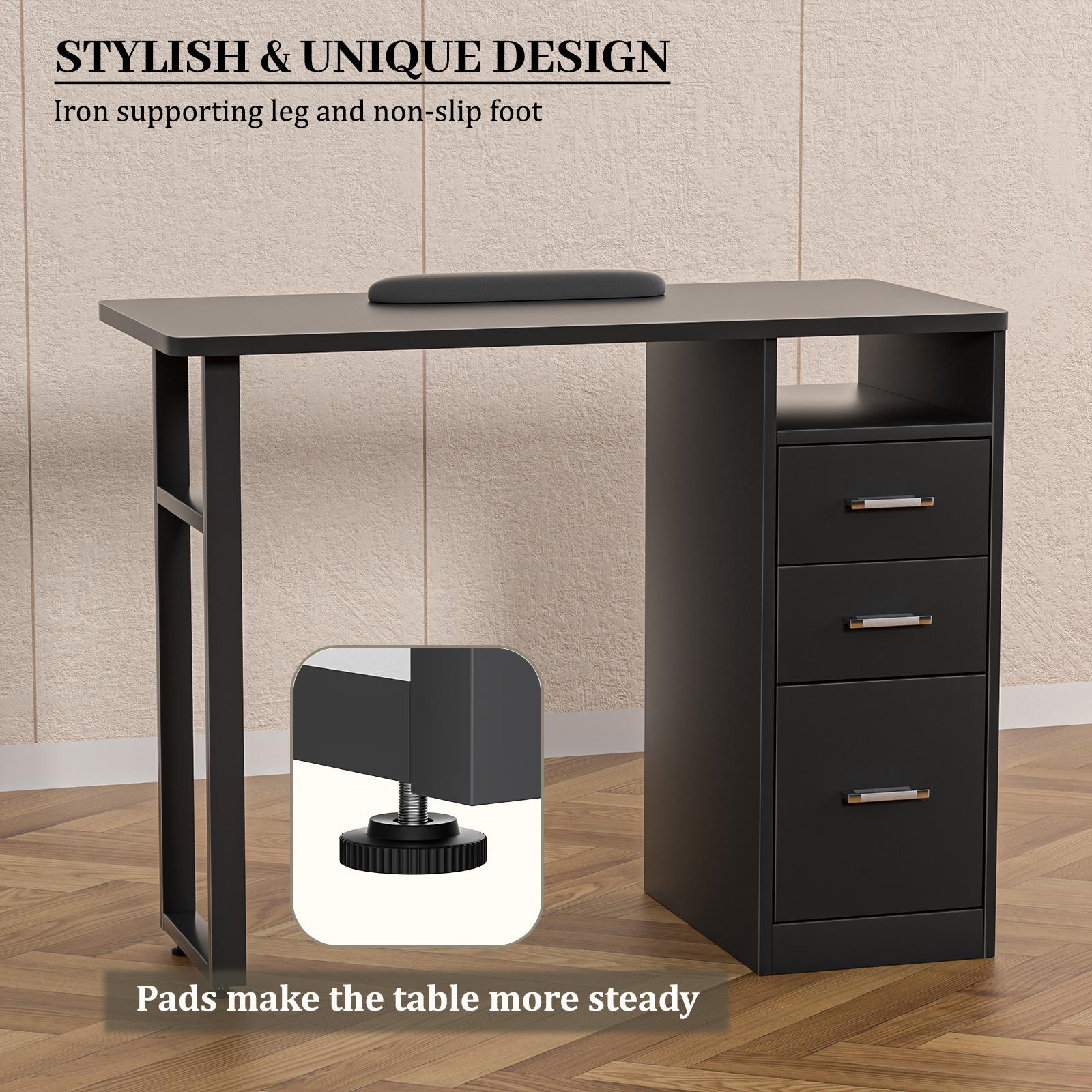 Manicure Table for Nail Tech with 3 Storage Drawers Wrist Cushion Professional Nail Station for Salon Pub