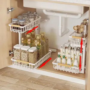 Under Sink Organizer, 1 Pack Height Adjustable Metal Under Sink Organizers and Storage, 2 Tier Pull Out Drawer Cabinet Organizer for Kitchen Bathroom