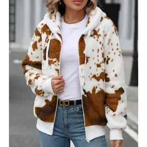 Women's Cow Print Zipper Plush, Casual Pocket collar Turtleneck Vest Coats for Fall and Winter, Winter Clothes for Women, Garment Tops for Ladies Everyday Wear, Going Out Wear 2025, Fall Clothing