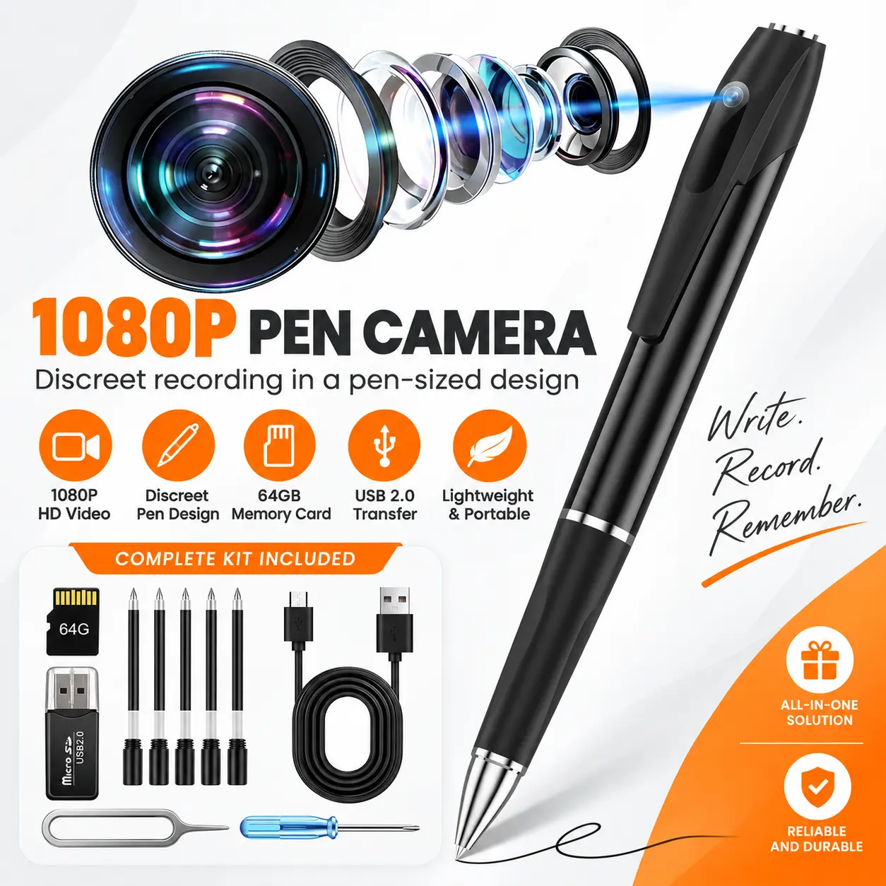 1080P Pen Camera - Discreet Recording in Pen-Sized Design with 64GB Memory Card USB 2.0 Transfer Lightweight & Portable Complete Kit Included