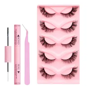 X05   Fox Eyes 5 Pair False Eyelash Set, Eyelash Glue, Eyelash Curler, Beginner's Tool, Cat Eye Effect False Eyelashes, Natural Volume Eye Makeup Striped Eyelashes for Women and Girls. manga lash v eyes lashes cheap  lashes Cosmetic