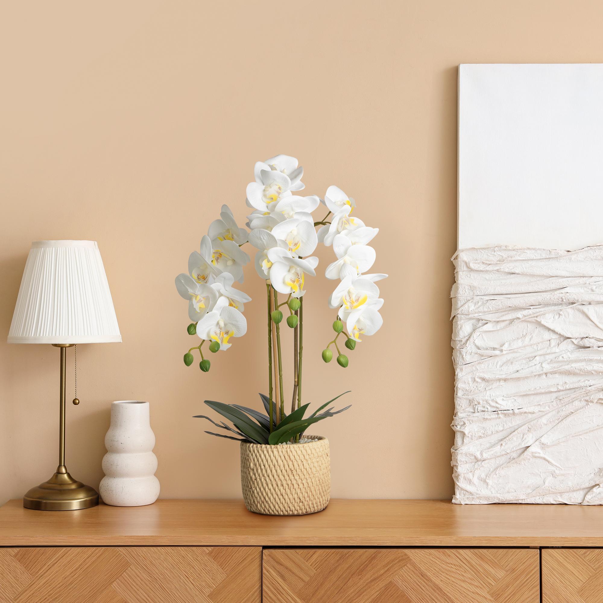 Porch decor.ennva ceramic potted artificial orchid flowers, white faux phalaenopsis for table decoration, realistic artificial flower ornaments suitable for home and office interior decoration