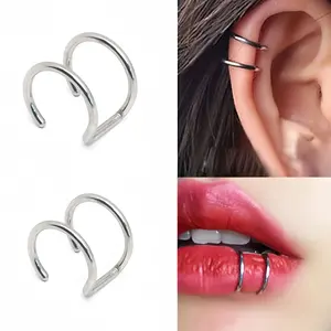 LUX-JEWEL - Fashion Stainless Steel Fake Piercing U-shaped Double Layer Ear Clips Lip Clip for Women Charms Ear Bone Nail Ear Cuff Jewelry