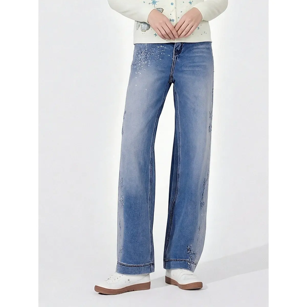 Greenish TCH  2026 Spring/Summer New Sweet Cool Trendy Versatile Fashion Hot Diamond Wide Leg Jeans for Women