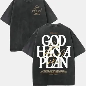 Retro Washed Double Sided Printed T-Shirt, 'GOD HAS A PLAN' Letter Graphic Tee, 230g Pure Cotton, Slightly Cropped, Crewneck, Distressed Streetwear, Men's Casual Comfortable Fashion Tops Smooth Fabric Seamless Soft Tshirt graphic tee t shirt