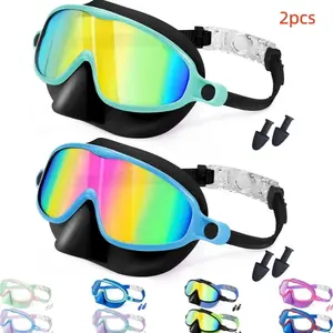 Swimming Goggles with Nose Clip, 2-Pack Wide Vision Dive Mask Anti-Fog UV Protection Leak-Free Kids Swimming Goggles for Ages 3-15
