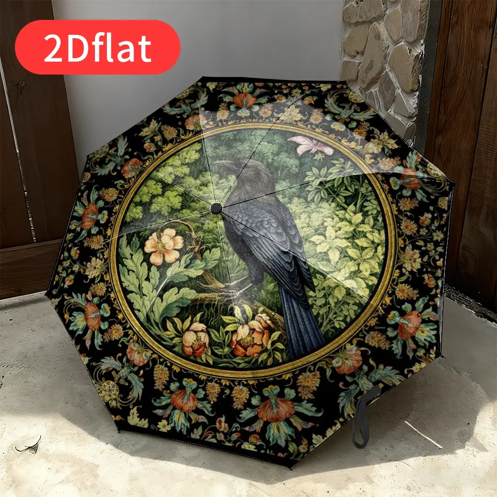 1-piece vintage gothic floral crow umbrella – automatic open/close folding sun umbrella with a sturdy iron frame, featuring elegant crow and floral patterns in black, red, orange, green, and teal. A versatile women's