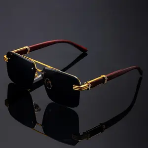 【Free shipping】Middle Eastern style frameless binaural fashionable glasses - black with red wood grain finish, lightweight plastic hinges, suitable for casual and formal occasions, gold accents, durable glasses
