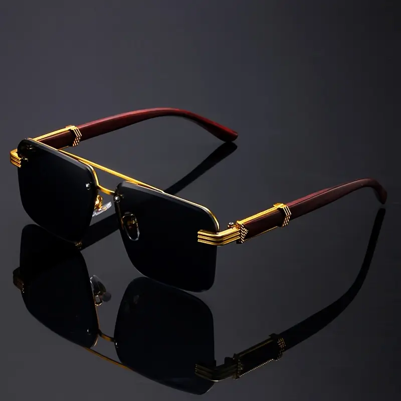 【Free shipping】Middle Eastern style frameless binaural fashionable glasses - black with red wood grain finish, lightweight plastic hinges, suitable for casual and formal occasions, gold accents, durable glasses