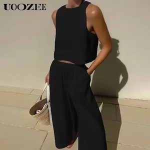 UOOZEE Women's 2-Piece Cotton Fabric Clothes Set - Round Neck Sleeveless Shirt, Light Elastic Wide-Leg Solid Color Outfit with Pocket for Casual Wear