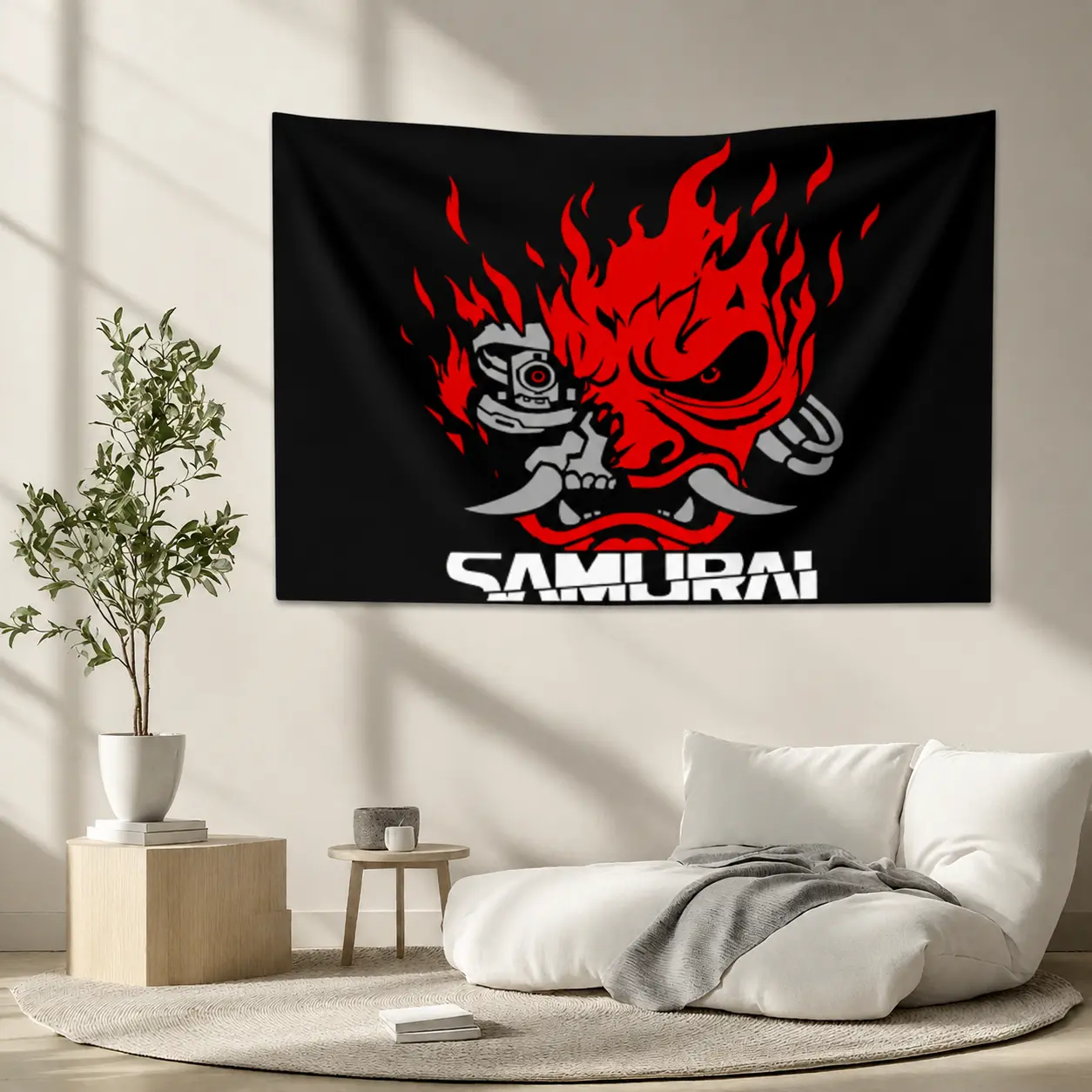 Cyber Samurai Oni Tapestry, Red Flame Japanese Warrior Wall Hanging, Futuristic Demon Mask Wall Art Decor for Bedroom Gaming Room Dorm