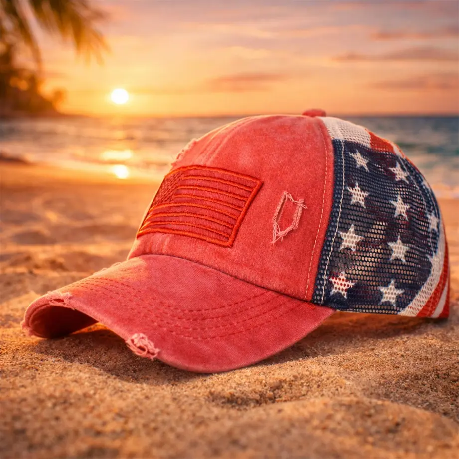 Women's Vintage American-Themed Graphic Trucker Hat - Distressed Washed Adjustable Breathable Mesh Cap, Old School Casual Outfits Accessory, Summer Streetwear for Music Festival, American Flag Stars-Stripes Graphic Hats, Casual Outfits Cap