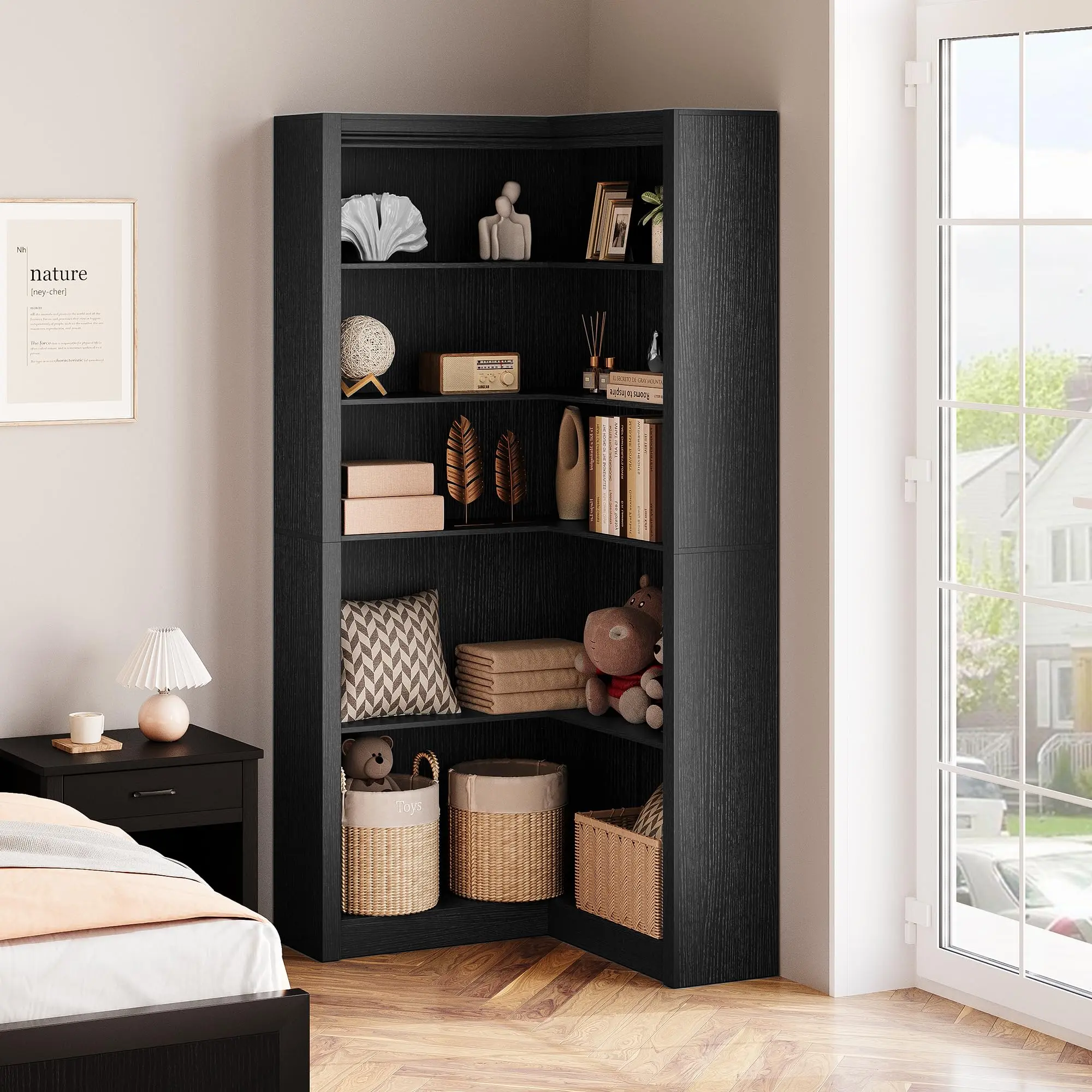 Corner Bookshelf, 71.8'' Tiers Corner Bookcases with Baffles 5 Tier Shelf Storage Rack for Living Room Home Office, White, Black, Brown, Wood Color