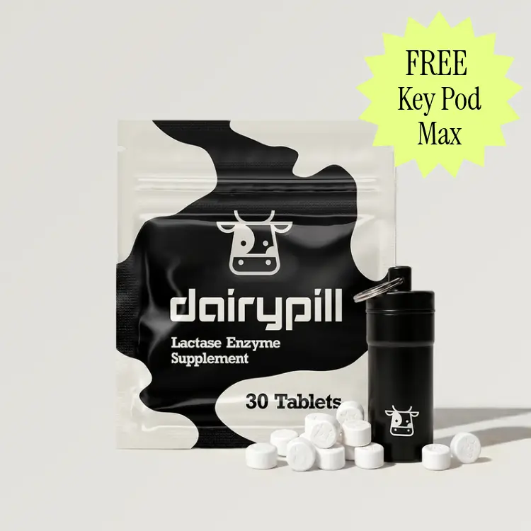 DairyPill + Key Pod Max Keychain | Lactase Enzyme Pills, 18,000 FCC Units, 30-Count, Lactose Intolerance Relief Supplement
