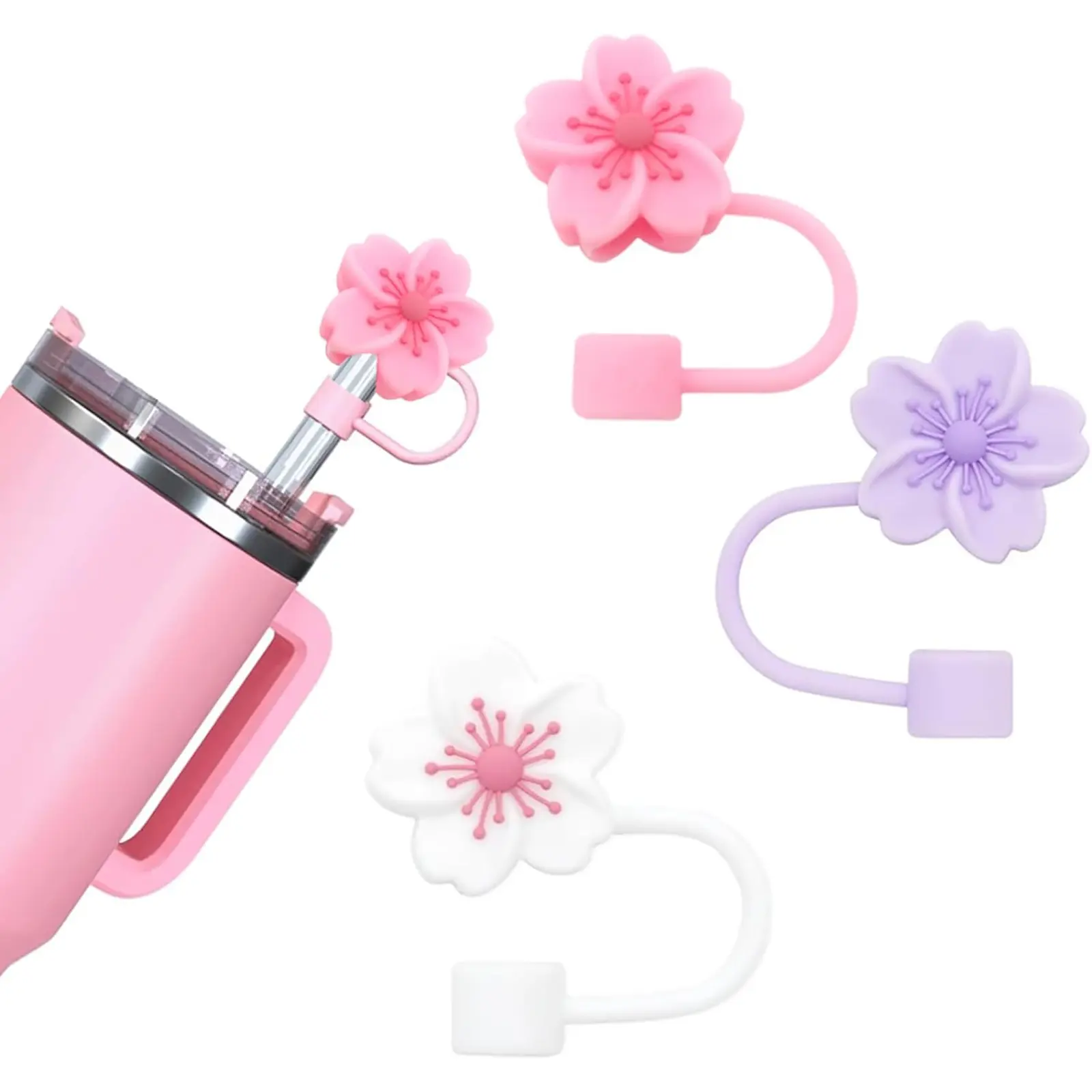 Silicone Straw Cover Cap for Stanley Cup Purple Flower 3pc Dust-Proof Reusable Tips Lids Compatible with 10mm 30&40 Oz Stanley Tumbler Eco-Friendly & Stylish