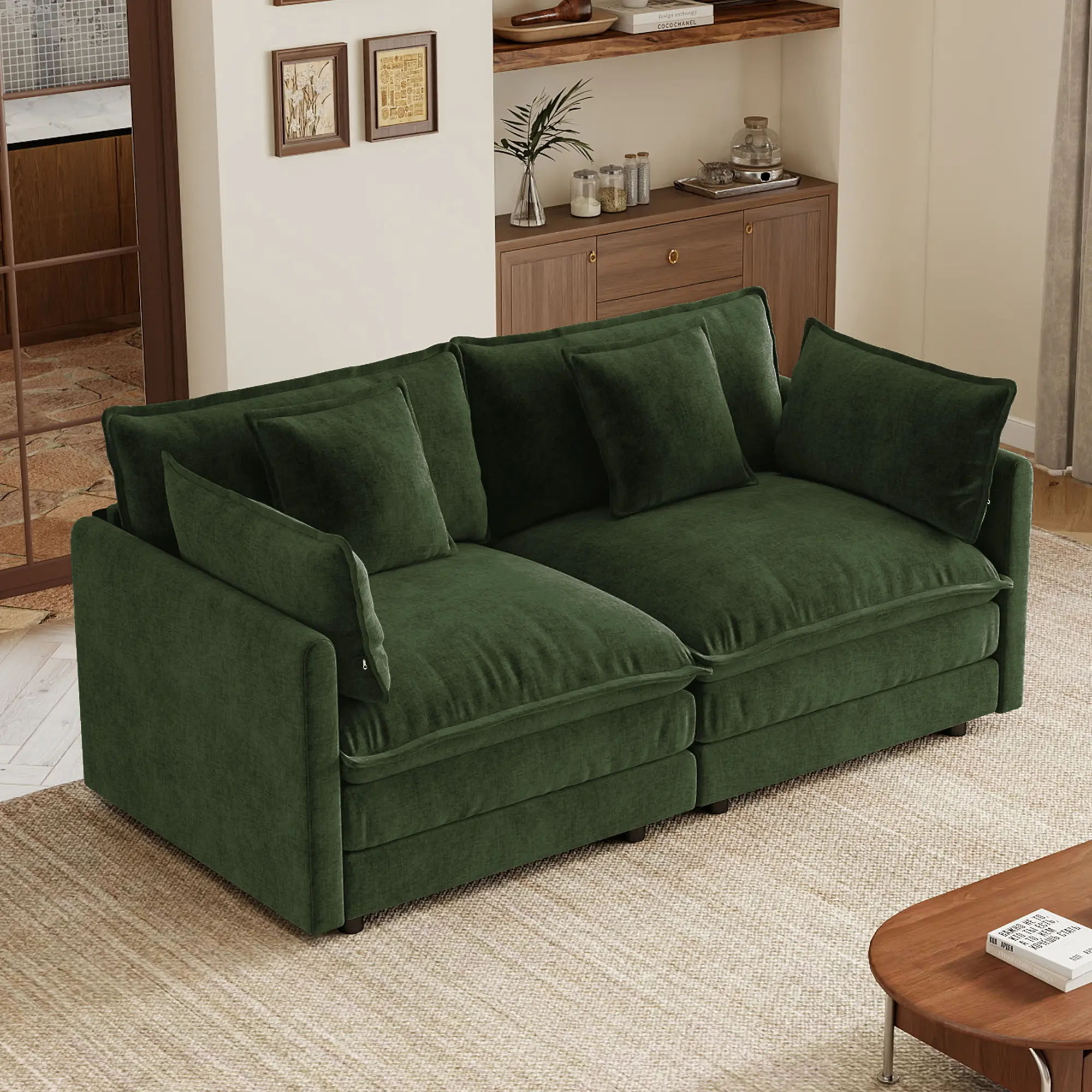 Deep Seat 2-Seat Sofa with Chenille Upholstery and Solid Wood Frame, Includes Armrest and Toss Pillows, Green, 71"W x 33"D x 35"H