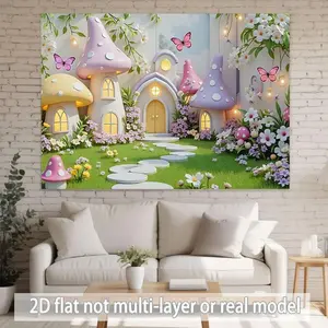 2D Flat, 2D Flat Banner 1pc A Fairytale - Like Scene with Mushroom - Shaped Houses, Flowers, and Fluttering Butterflies. Perfect Gift ForParty Planners Polyester Banner, 2D Flat