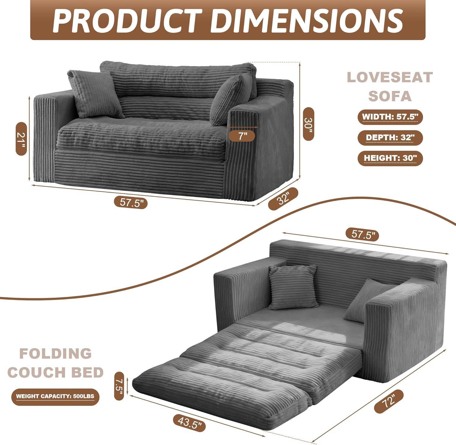 Winzoo Convertible Sofa Bed, Pull Out Boneless Couch Loveseat Floor Sofa Bed with Pillows, 2-Seater Folding Sofa Loveseat Boneless Couch for Living Room, Bedroom, Apartment, Office(Grey)