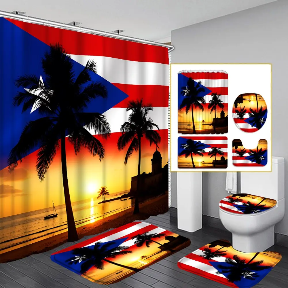 4PCS Puerto Rico Flag Palm Trees Sunset Scene Multicolor patterned, Summer shower curtains for bathroom, Waterproof Tropical shower curtain for home bathroom decor, Bathroom Shower Curtain Sets, shower curtain set includes 12 hooks, non-slip bath mat