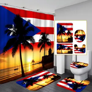 1PC/4PCS 2D flat Puerto Rico Flag Palm Trees Sunset Scene Multicolor patterned, Waterproof shower curtain with a modern design for home bathroom decor, shower curtain set includes 12 hooks, non-slip bath mat, toilet seat cover