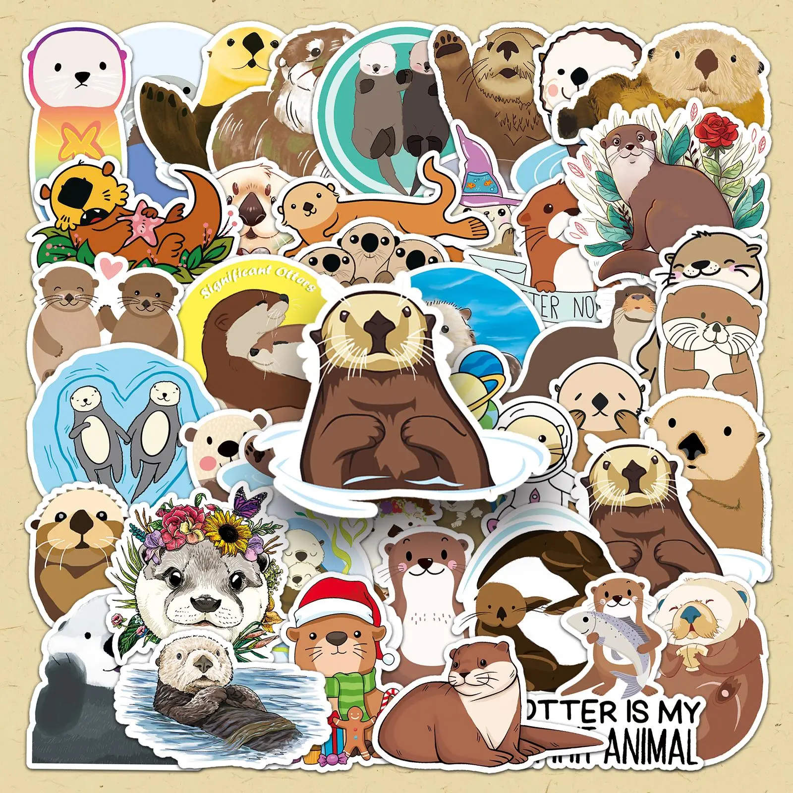 Cute Otter Pattern Sticker, 50pcs/set Self Adhesive Decorative Stickers, DIY Decals for Water Bottle, Laptop, Phone Case, Scrapbooking, Journal Making