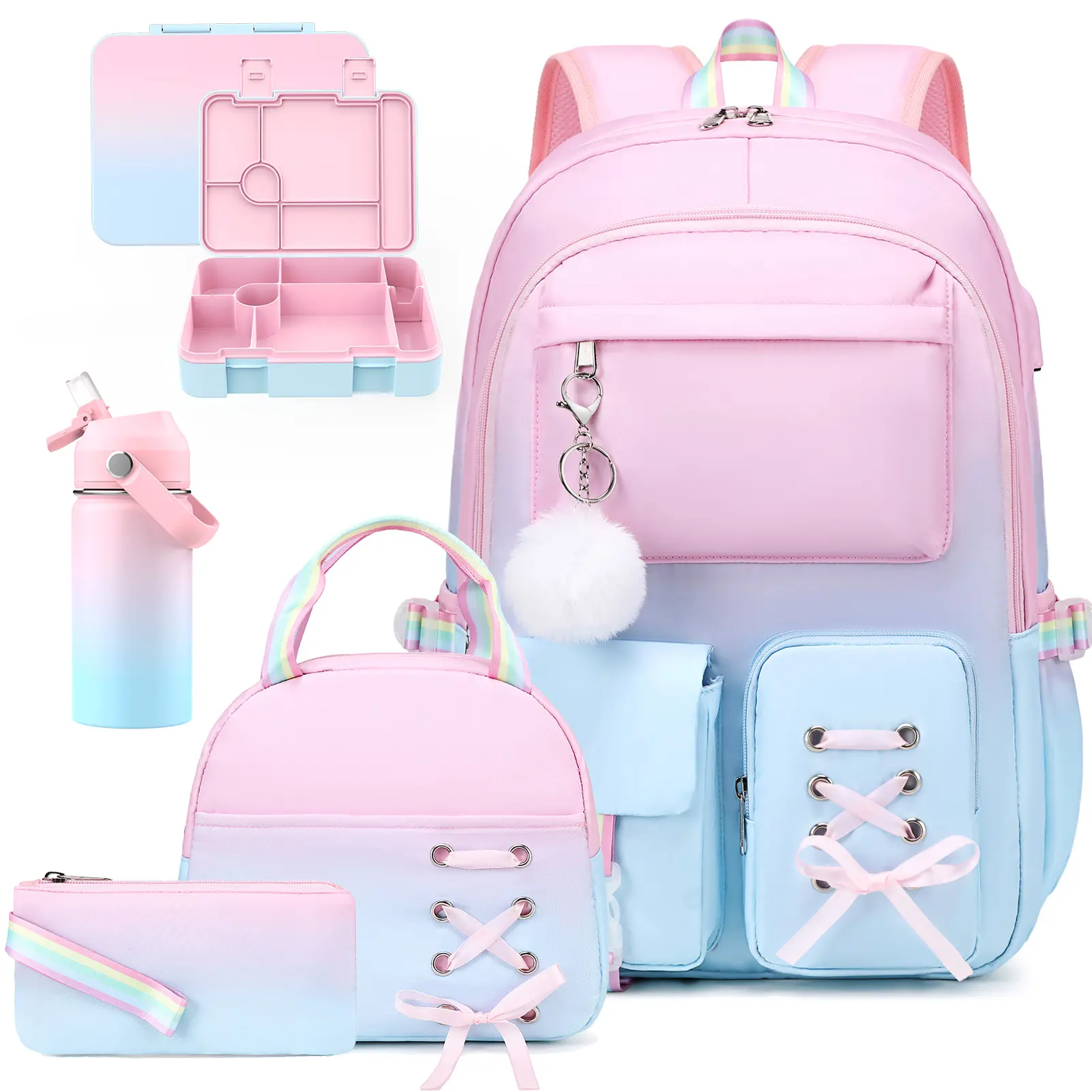 Similove 3/4/5pcs backpack set, Girls Backpack with Lunch Bag & Pencil Pouch/14oz Bottle/Lunch Box, for Teens Girl Kids Elementary Middle High School College Student Bookbag Daypack Laptop Travel Backpack for Women