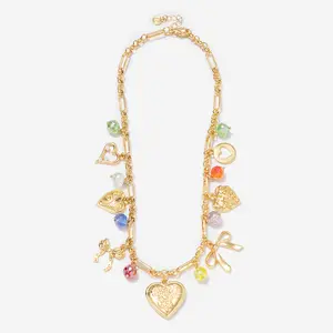 Marleylilly Colorful Beaded Charm Necklace with Vibrant Beads Gold-Tone Charms Hearts Bows and Accents 16" Chain with 2" Extender