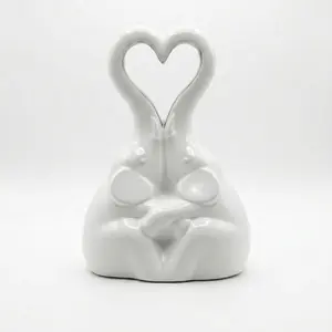 Elegant Ceramic Double Elephant Heart Statue – Glossy White Porcelain Figurine for Home Decor & Wedding Gift