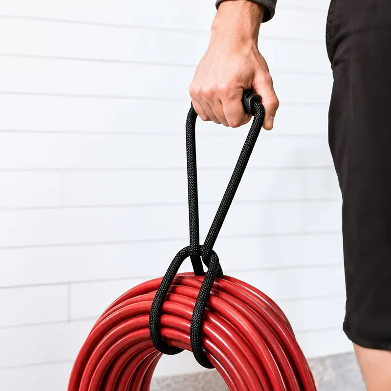 Multi-size braided rope storage handle for quick organization and transport of pipes, cables, and coiled items, durable and easy to operate