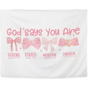 Christian bow Tapestry, pink coquette bow Tapestry,god says you are tapestry, Bible Verses Christian Tapestry Wall Hanging for Bedroom Living Room Decor, Christian Home Decor