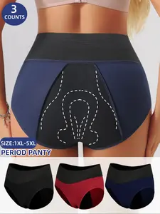 【Plus Size】 Women‘s Colorblock Period High Waist Tummy Control Briefs, Breathable Comfortable Period Knicker for Daily Wear, Women's Underwear for All Seasons,Womenswear,Soft Panties, High Rise Panties