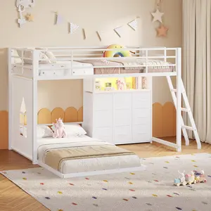 Hasuit Low Bunk Bed Twin Over Twin with 9 Storage Drawers, L-Shaped Twin Bunk Beds with LED Lights & Play Area, Heavy-Duty Metal Low Bunk Bed for Kids/Teens, 13.4'' Safety Guardrail & Ladder