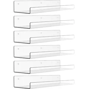 6 Pack Acrylic Shelves for Wall Storage, 15" x 4“ Floating Bookshelves for Kids, Display Shelf Organizer for Bathroom, Bedroom, Living Room, Kitchen, Room Decor, Clear