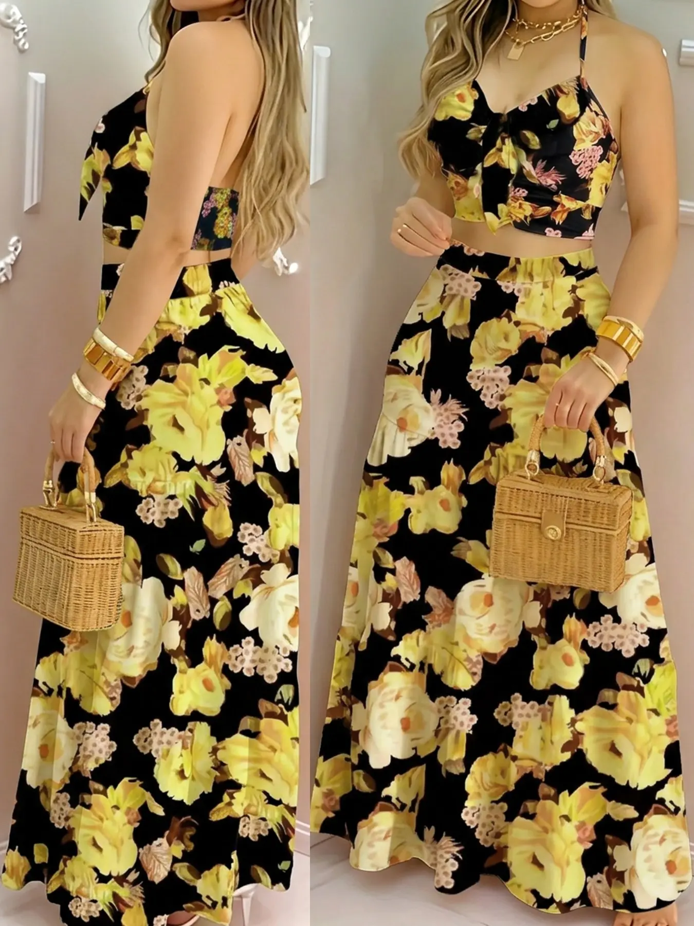 Women's Floral Print Two-Piece Set Outfit, Matching, Halter Neck Top + Long Midi Skirt, Casual Summer, Elegant Chic Boho Bohemian Style, Perfect for Vacations & Daily Wear